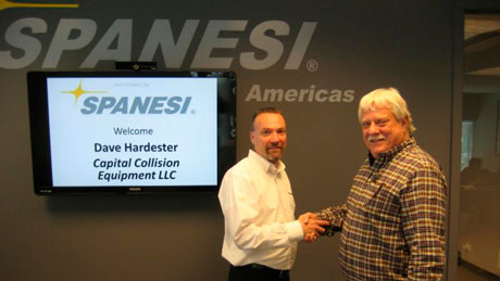 Timothy Morgan (left) of Spanesi with Dave Hardester of Capital Collision Equipment LLC.