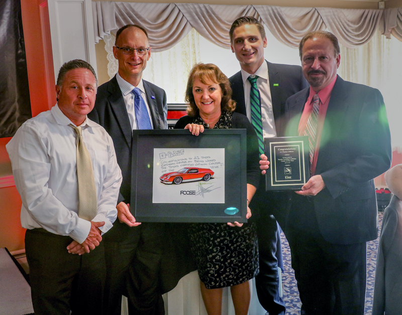 The Toyota Certified Collision Shop award was presented to BASF Glasurit shop A-1 Toyota in New Haven, Conn. Accepting the award were Anna Lynn Wheeler, A-1 Toyota’s Vice President & General Manager; Chris Masi from distributor Albert Kemperle (left); and Ralph Doyon, A-1 Assistant Body Shop Manager (right). Jeff Wildman, Manager OEM & Industry Relations (back left) and Florian Schaefer, Manager Strategic Planning from BASF were also on hand.