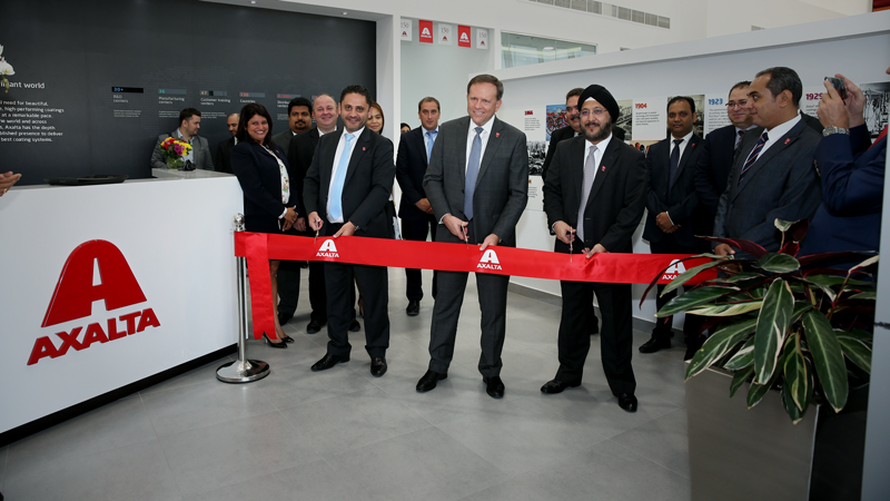 Charlie Shaver, Axalta Chairman and CEO (center), Sobers Sethi, Axalta Vice President, South and East Asia and Middle East and North Africa (MENA) Region (right), and Fadi Medlej, Axalta Managing Director of MENA (left) and others open Axalta MENA Regional Office in Dubai.