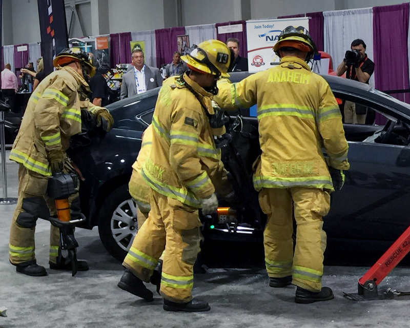 First responders from Anaheim Fire & Rescue demonstrated vehicle extrication techniques during the NACE | CARS trade show in Anaheim, California. The National Auto Body Council promotes extrication training across the country to help first responders learns about the latest vehicle body structures they will face at accident scenes.