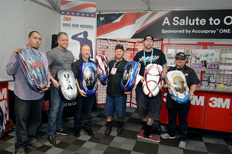 Speed shapes, all painted using the 3M Accuspray System, and featuring custom-designed paint schemes honoring the nation’s military members, were auctioned at SEMA last week to benefit the Hire Our Heroes program.