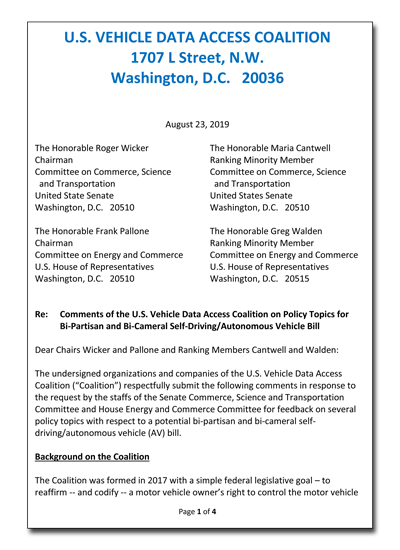 U.S. Vehicle Data Access Coalition letter