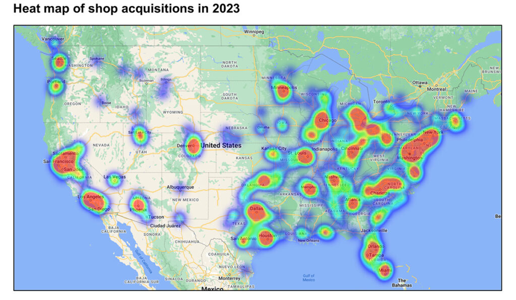 Heat map of shop acquisitions in 2023